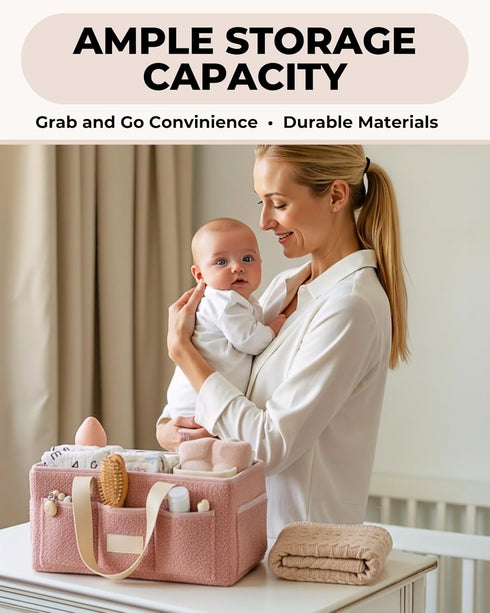 Baby Diaper Caddy Organizer with Portable Changing Mat - Teddy Fleece Diaper Organizer for Changing Table - Basket