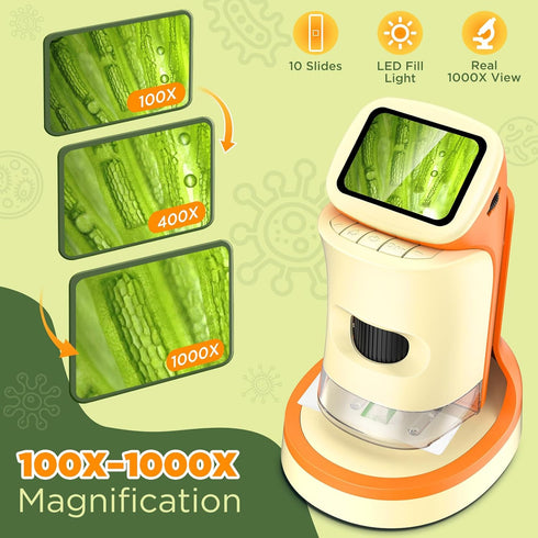 Uarzt 1000X 2.0" 5-12 Kids Microscope, Digital Handheld Microscope w/Slides Full Color Manual, Screen Mini Rechargeable