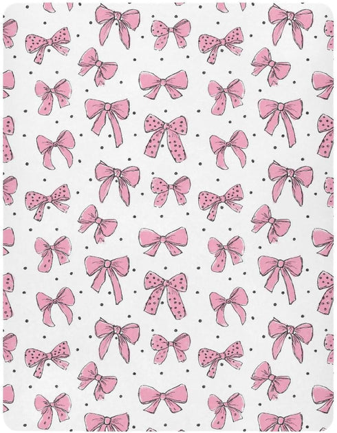 Vdsrup 39 27 5In Crib Sheets for Boys Girl Pink Bows Polka Dots Neutral Mini Crib Mattress Sheets Fitted, Toddler Baby