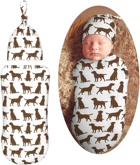 Brown Labrador Retriever Dog Newborn Swaddle Blankets Hat Sets Soft Baby Receiving