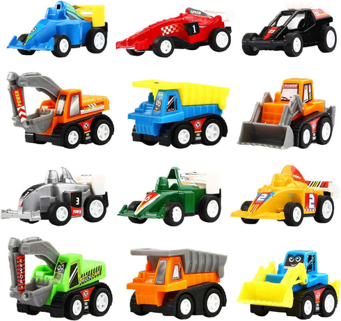 Yeonha Toys Pull Back Vehicles, 12 Pack Mini Assorted Construction Vehicles and Race Cars