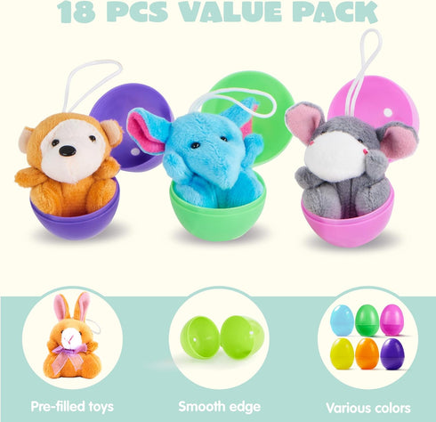 18 JOYIN Pcs Pre-Filled Easter Eggs with Plush Animal Toys, Egg Filled Keychain for Kids Hunt Goodie Bag Fillers Basket