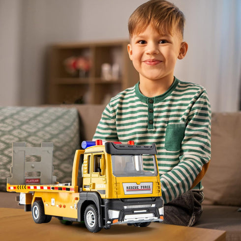 BDTCTK Friction Powered Flatbed Truck Toy with Lights and Sounds, Push and Go Construction Toy Tow Truck Great Gift