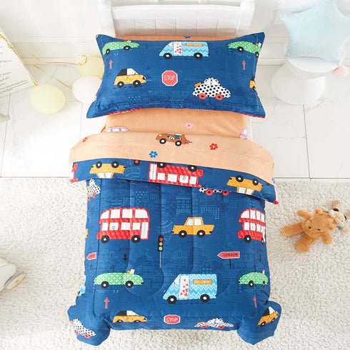 Set 1 Boys Toddler Bedding Navy with Colorful Cars Includes Boys Comforter, Flat Sheet, Fitted Sheet and Pillowcase