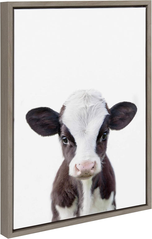18x24 DesignOvation Sylvie Baby Cow Portrait Framed Canvas Wall Art by Amy Peterson, Gray, Cute Baby Animal Home Decor