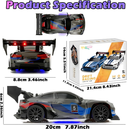 2.4GHz 1:24 4WD 25KM+/H HTURCCOP RC Drift Car Scale High Speed Model Vehicle with LED Lights Drifting Tire Racing Sport