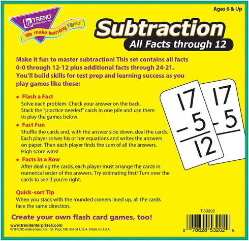 Trend Enterprises Subtraction All Facts Through 12 Skill Drill Flash Cards, 169 Cards Included