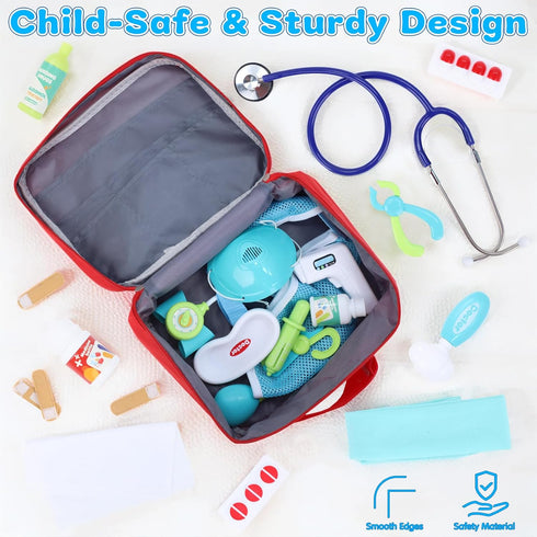 Gifts2U 28-Piece Set 3+ Kids First-Aid Kit Toy, Pretend Play Doctors Kit for Kids with Real Stethoscope and Storage