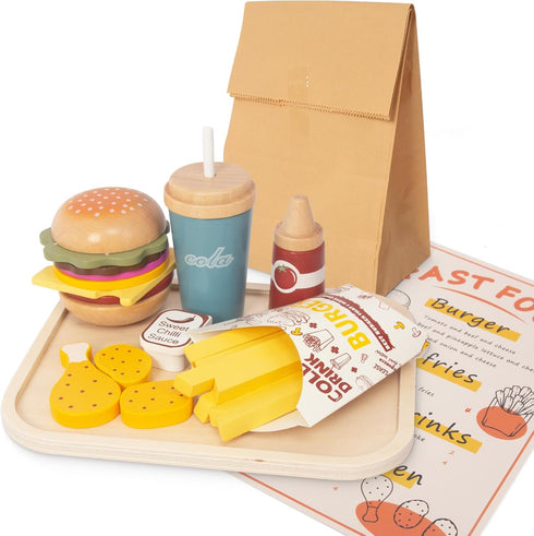 WOODENFUN Pretend Play Food Set for Kids,Wooden Fast Food Playset with Tray