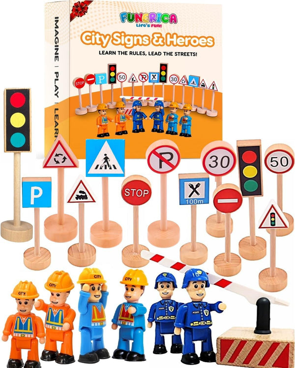 Wooden Traffic Signs & Community Helper Figures Toy Set Includes Police, City