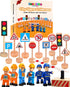 Wooden Traffic Signs & Community Helper Figures Toy Set Includes Police, City