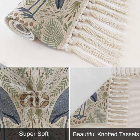 Debedcor 2'x 4', Country Entryway Door Mat Cartoon Egret Non Slip Washable Throw Rug with Tassels, Bird Leaves Coral