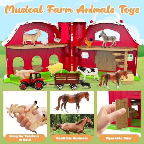 1-3, Playset 2 3 4 5 Red Barn Toys for Toddlers Farm Animal Figures with Tractor for Year Old Kids, Musical Preschool