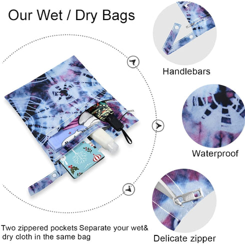 visesunny 2Pcs Tie Dye Pattern Wet Bag with Zippered Pockets Washable Reusable Roomy Diaper Bag