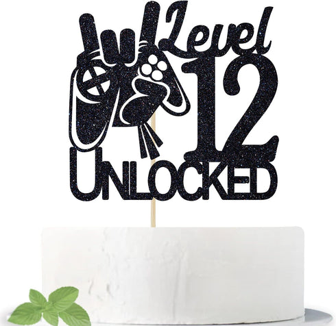 Cos mos Video Game Level 12 Unlocked Birthday Cake Topper, Black Glitter Decorations for 12th Birthday Party