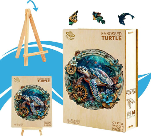 (L-13.4 13.3in -290 Wooden Puzzles for Adults, Embossed Sea Turtle Puzzle for Adults, Unique Shaped Wooden Jigsaw