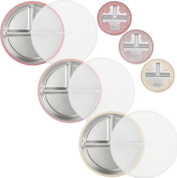 PandaEar 3 Pack Stainless Steel Baby Suction Plates, Divided Toddler Plate for