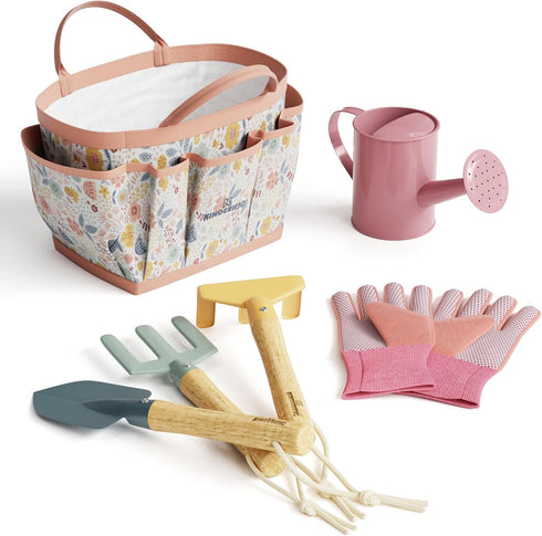 Set, Gardening Tool Kit, for Kids, STEM, Includes Tote Bag, Spade, Watering Can, Rake, Fork, Trowel and Gloves (Petal)