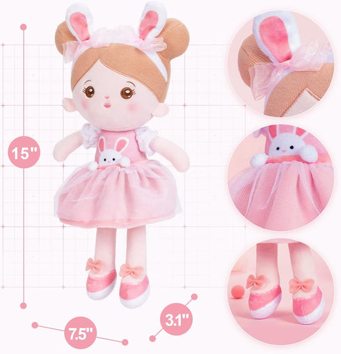OUOZZZ Soft Baby Doll for Girls, My First Baby Doll Birthday Gift, Plush Rag Doll Bunny in Pink Dress