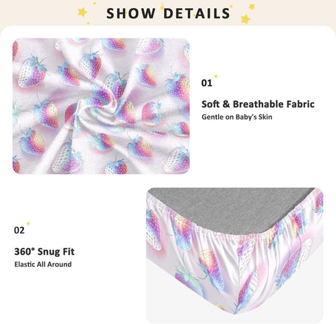 miaozhen 1 Pack 52x28 Cotton Crib Sheets for Baby Boys Girls Soft Stretchy Hologram Strawberry Silver Crib Mattress