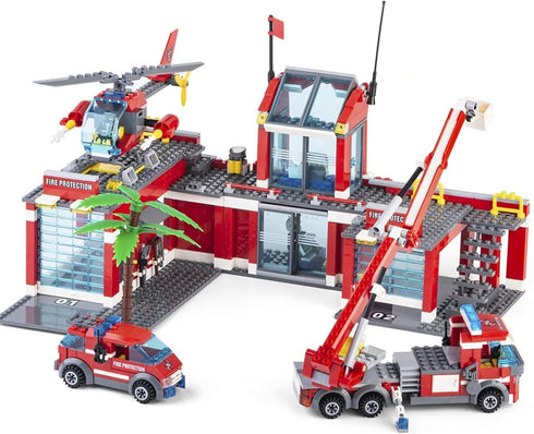 QLT QIAOLETONG City Fire Station Building Kit, 774 Pcs Set Including Fire Station, Fire Truck, Helicopter, Fire