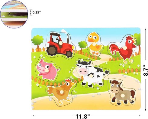7Pieces Wooden Puzzles Farm Chunky Baby Puzzles Peg Board, Full-Color Pictures for Preschool Educational Jigsaw