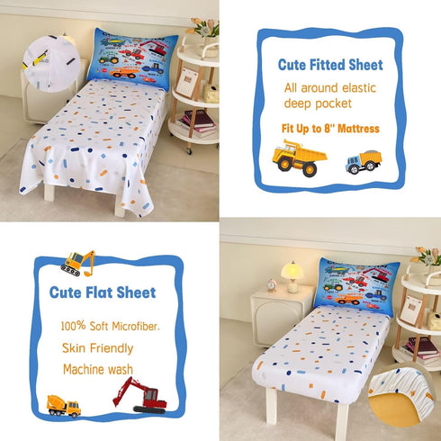 4 Set Set Piece Toddler Bedding for Boys,Cars Construction Toddler Bed Comforter Includes Comforter,Flat Sheet,Fitted