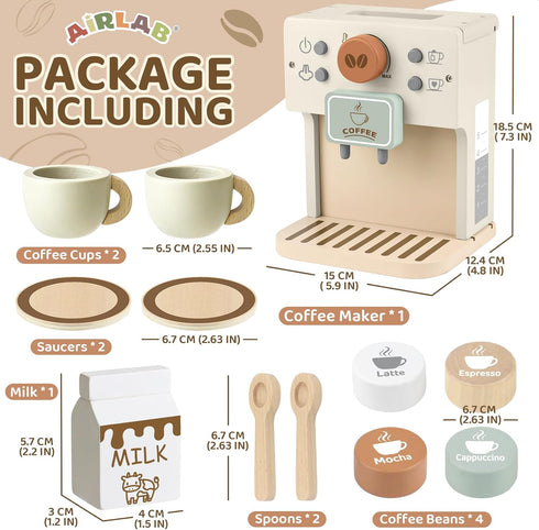 Playset 3 4 5 Airlab Toy Coffee Maker for Kids Wooden Kitchen Accessories Pretend Play Toddler Coffee for Girls Boys