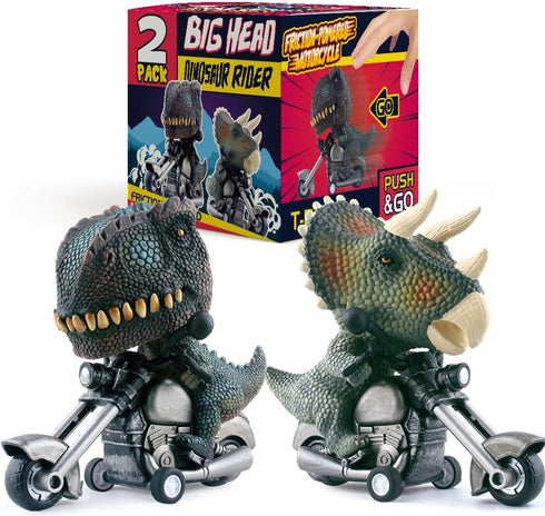 DINOBROS Dinosaur Toy Cars 2 Pack, Friction Powered Motorcycle Game with T-Rex and Triceratops