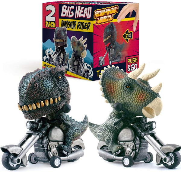 DINOBROS Dinosaur Toy Cars 2 Pack, Friction Powered Motorcycle Game with T-Rex and Triceratops