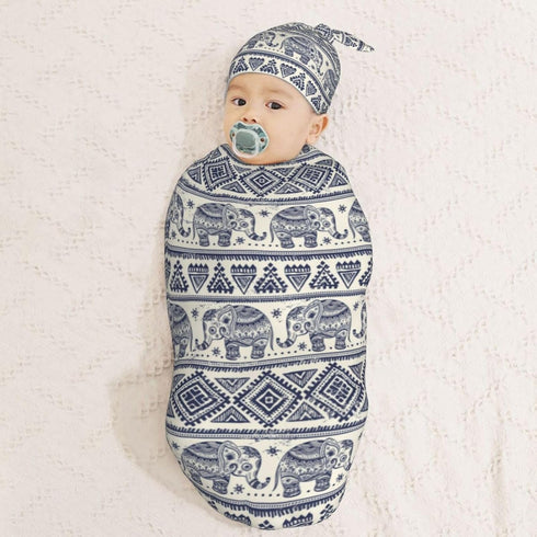 Vintage Elephant Newborn Swaddle Blanket and Hat Set, Soft Baby Receiving Blanket Swaddle Sack for Gift