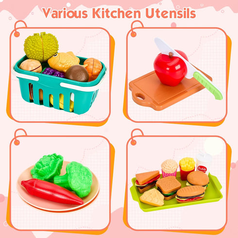 200Pcs Playset 2 Sets, Mini Play Kitchen Accessories for Kids, Pretend Cooking with Cookware, Tableware & Fruit