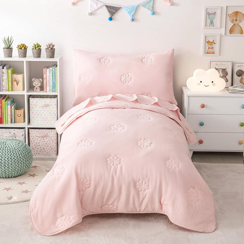 Pink Toddler Bedding Sets for Girls, 4 Pieces Soft Microfiber Floral Embroidery