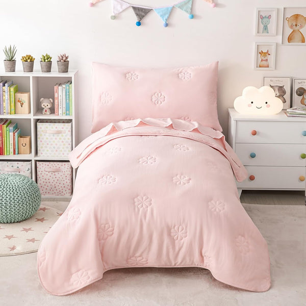 Pink Toddler Bedding Sets for Girls, 4 Pieces Soft Microfiber Floral Embroidery