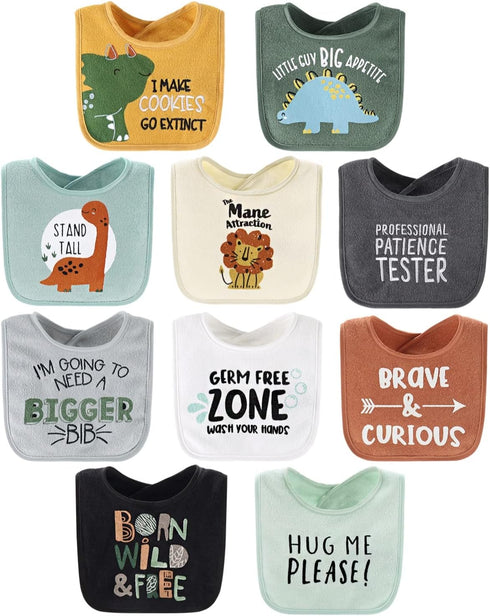 The Peanutshell Terry Bib Set for Baby Boys, 10 Pack for Feeding, Teething, & Drooling, Dinosaur