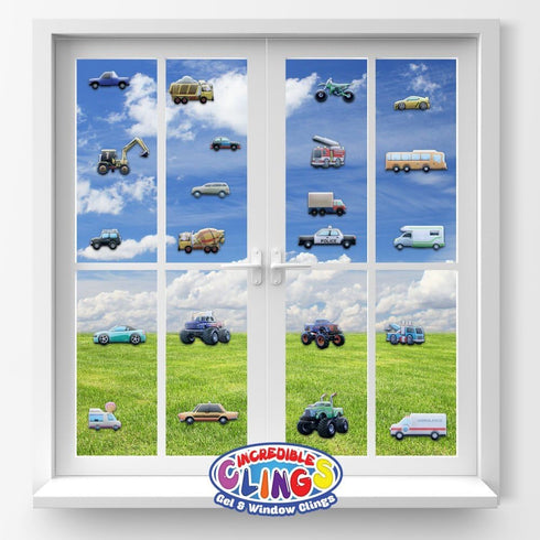 Cars and Trucks Window Clings for Kids & Toddlers by Jesplay USA - Reusable Gels & Decals, Puffy Sticker Activities