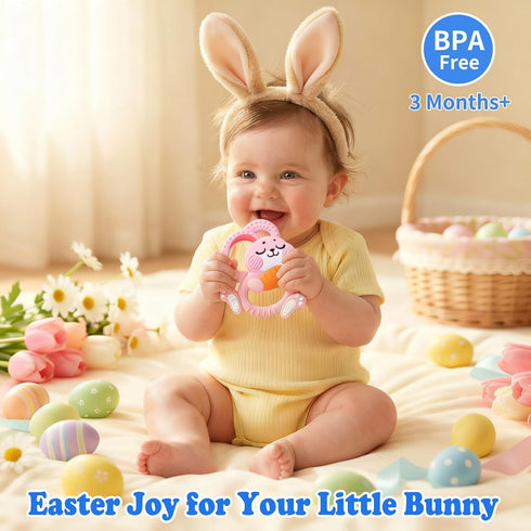 Duannick 3+ 3 6 9 12 Easter Baby Teething Toys for Months, Silicone Bunny Rabbit Teether for Babies Months, Teething