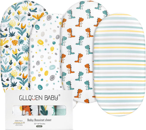 Gllquen Baby Bassinet Sheets 4 Pack, Breathable Fitted Mattress Sheet for Baby Boy Girls, 32"X16" Dinosaur