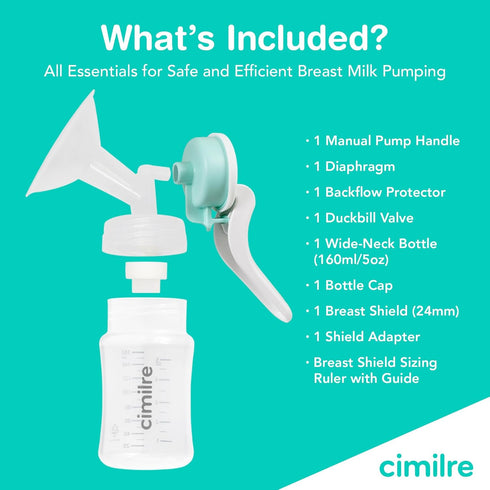 M1 Manual Breast Pump Kit Portable, Quiet Breastfeeding Pump with Ergonomic Handle, Closed System & WideNeck Bottle