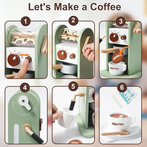 Playset Girl,17pcs Kids Wooden Coffee Maker Toy,Coffee Machine with Grinder,Play Coffee Making Routine,Stimulates