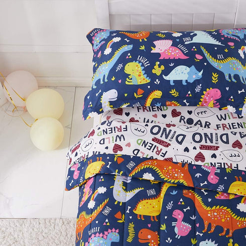 Joyreap 4 Set, Piece Toddler Bedding Standard Size Colorful Dinosaur Printed on Navy, Includes Quilted Comforter