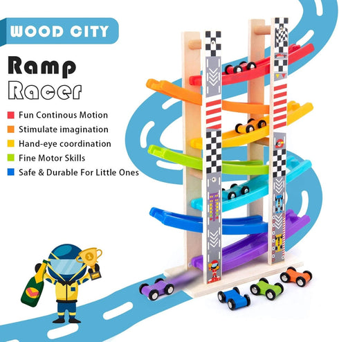 1 2 3 Set 7 Wood City Toddler Toys for Years Old, Wooden Car Ramp Racer Toy Vehicle with Mini Cars & Race Tracks