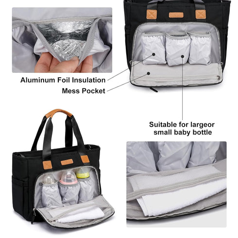 Diaper Bag Tote with 16 Inch Laptop Compartment, Large Crossbody Toddler Bag for Mom (Black)