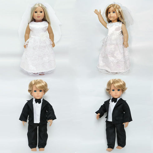18 Inch Set, 18 Inch Doll Clothes Accessories Wedding Bride Wedding Dress and Groom Suit Outfit, Veil, Bow Tie
