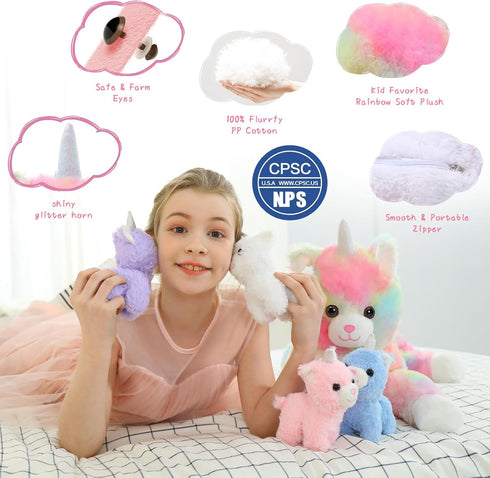 24'' Mommy 4 5Pcs MorisMos Cat Unicorn Stuffed Animal with Baby Kittens, Cat and Baby Kitty Stuffed Animals, Large