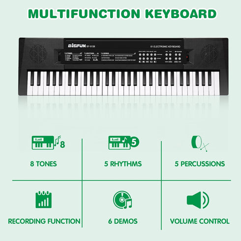 M SANMERSEN Kids Music Piano Keyboard, 61 Keys with Microphone, Portable Teaching Toy for Ages 3-12, Black