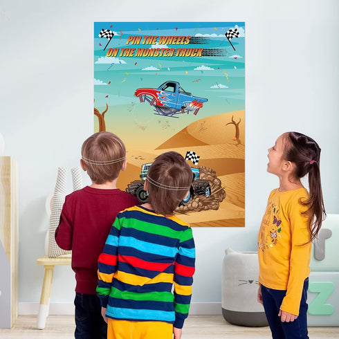 Eaezerav Pin the Wheels on the Truck Game, Monster Truck Poster, 36 Tyres Stickers, 2 Blindfolds for Car Theme Birthday
