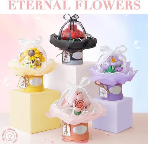 Flower Building Blocks Set with Dust-Proof Dome, Simulation Bouquet for Valentine's Day Home Decor