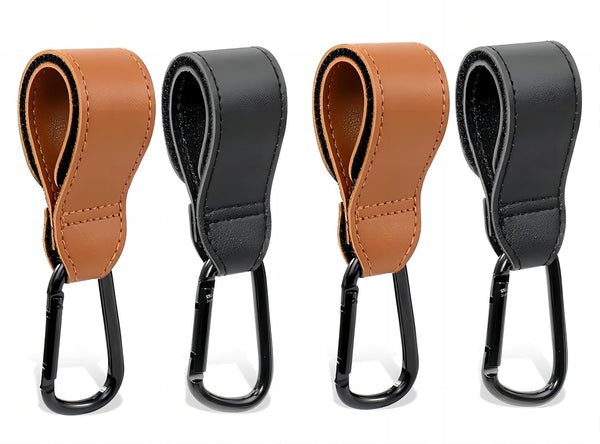 4PCS Multipurpose Stroller Hook Accessories, Leather Clips for Diaper Bags, Pet Carts, Grocery Bags, Black and Brown