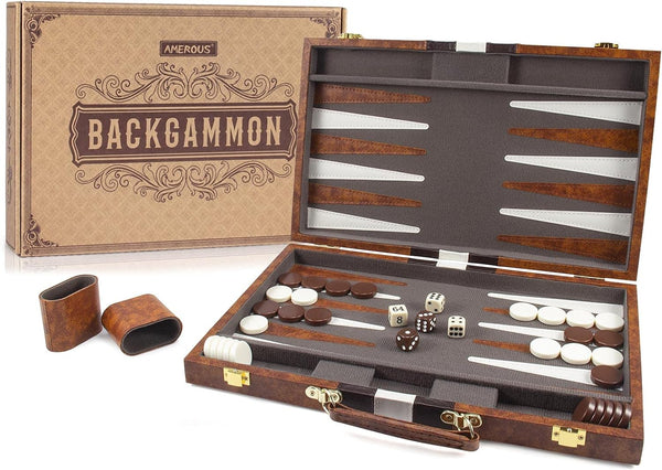 Backgammon Set - 15 Inches Classic Board Game with Leather Case, Portable Travel Strategy Game for Adults and Kids